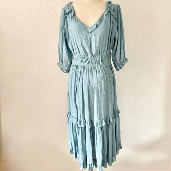 KORI Blue Short Sleeve Flutter Tiered Maxi Dress V-Neck Women's Size Medium M - Picture 7 of 7